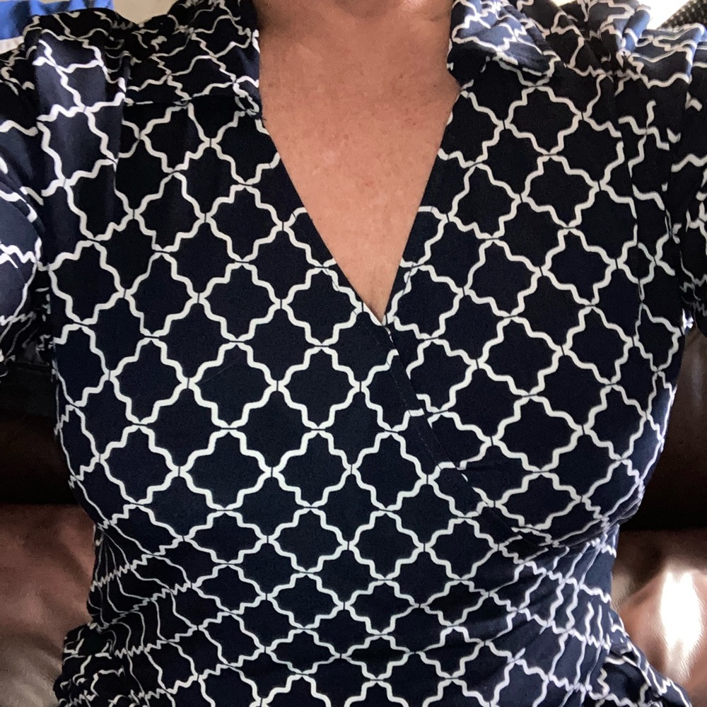 Navy blue and white faux wrap dress